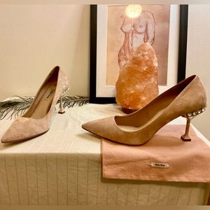 Miu Miu Nude Blush Velvet with Crystal Heel in very good condition